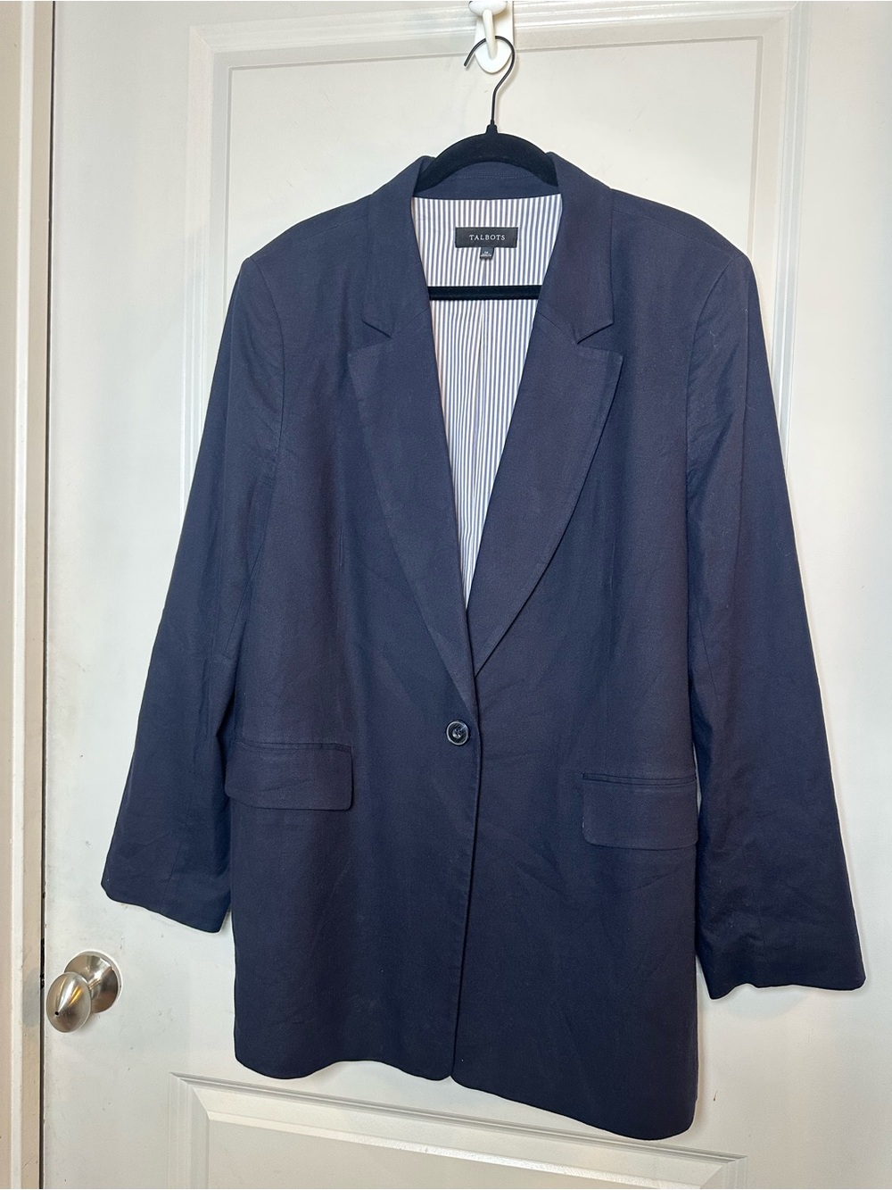 TALBOTS Cotton/ Linen One Button Striped Lining Navy Blazer, Size 16